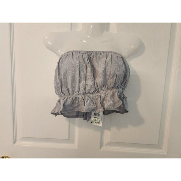 Sadie & Sage Cloud Blue Strapless Ruffle Hem Top Medium 100% Cotton Boho Summer - Picture 2 of 5